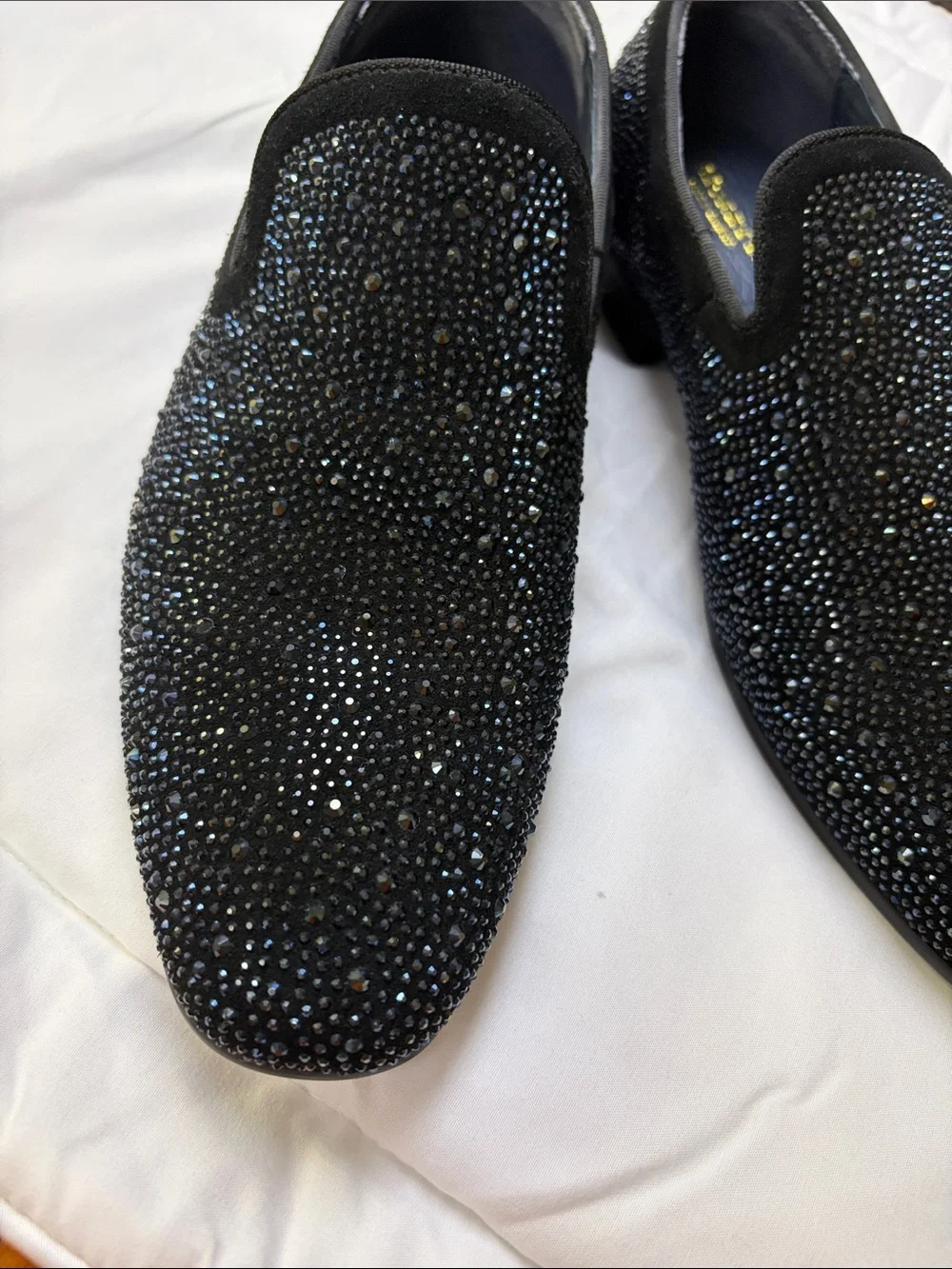 Black Crystal-Studded Slip-On Loafers for Men